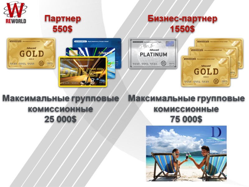 Партнер 550$  Бизнес-партнер 1550$ Максимальные групповые комиссионные 75 000$ Максимальные групповые комиссионные 25